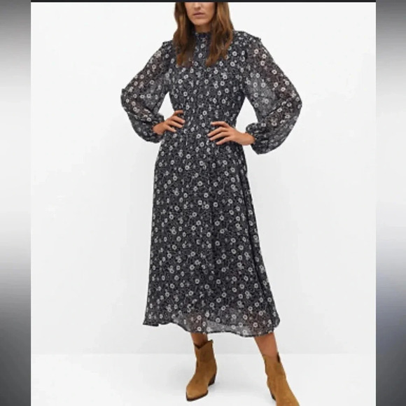 Mango Floral Peasant Cottagecore Midi Dress - Picture 1 of 6